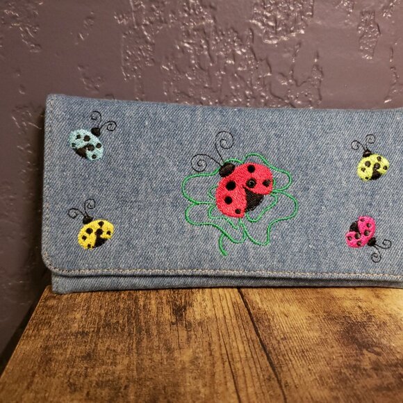 Trifold Ladybug Denim Jean Wallet Women's Girl's NWOT - Picture 1 of 4
